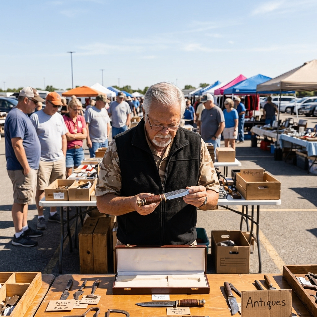 Tim examining an antique knife at an outdoor market stall